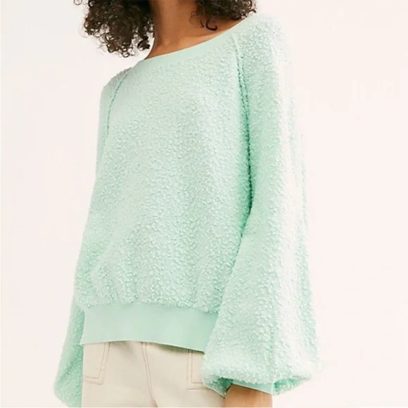 Free People Found My Friend Boucle Pullover Oversized Sweater Mint Green Small - Picture 3 of 7